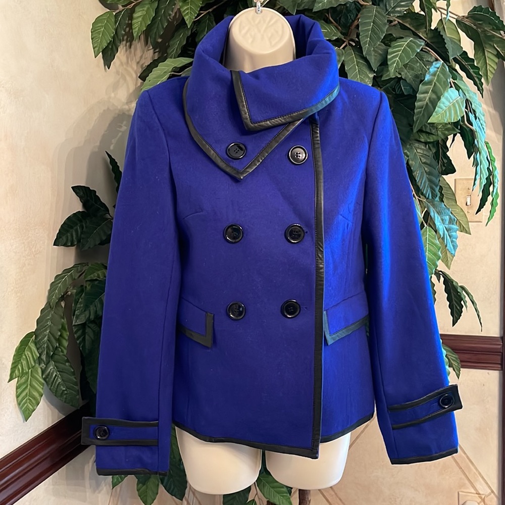 NY&CO ROYAL BLUE FAUX LEATHER TRIMMED PEACOAT